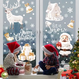 AMLOOPH Christmas Window Stickers, 8 Sheets White Santa Claus Xmas Window Stickers Christmas Window Decorations, Reusable Snowflake Window Stickers Christmas Scene for Christmas Decorations Indoor