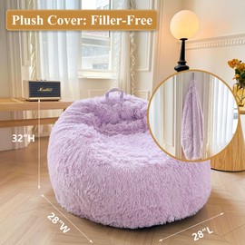 XeGe Kids Fluffy Faux Fur Bean Bag Chair Cover (No Filler), Soft Furry Stuffed Animal Storage Bean Bag Cover Light Purple, Shaggy Fuzzy Beanbag for Kids Teens Girls Children, Anti-Slip, Lavender