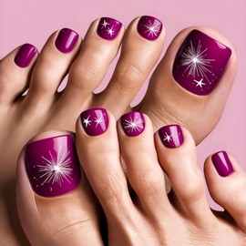 Square Press on Toenails Purple Fake Toe Nails with Star Firework Designs Glossy Full Cover Acrylic Toenails Cute Toe Nails Press on False Toenails Reusable Glue on Toe Nails for Women