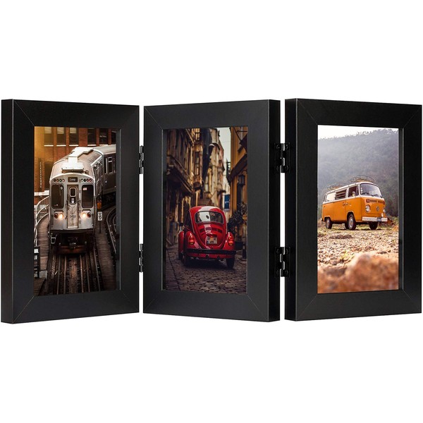 Frametory, 4x6 Hinged Frame with Front Glass - Made to Display Three Pictures, Stands Vertically on Desktop or Table Top (Black)