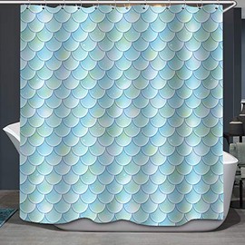 TJZ HOME Mermaid Scales Shower Curtain, Fish Scale Mermaid Geometric Tail Teal Blue Ocean Theme Dream Fantasy Polyester Cloth Print Bathroom Curtains Include Hooks Sets 72〃w by 72〃L (s2779)
