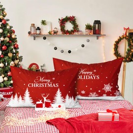 Lanpn Christmas Queen Pillowcase 20x30 Set of 2, Red Christmas Tree Snowflake Lumbar Pillow Cases 20 x 30 Long Rectangle Queen Shams Throw Bed Pillow Covers Winter Holiday Xmas Cushion Cover 2 Pack