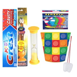 Block Inspired 4pcs Bright Smile Care Bundle Include Toothpaste, Flashing Light Toothbrush, Brushing Timer, Mouthwash Rinse Cup Tooth Necklace as Visual Aid Reminder