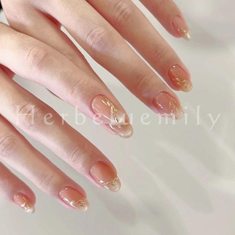 [Herbeluemily] ネイルチップ プレスオンネイル 手軽 簡単 つけ爪 付け爪 セルフネイル B ベージュ×リーフ