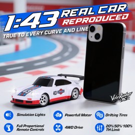 VoleRusher RC 1/43 Scale Mini RC Drift Car with Gyroscope - Micro Small with Full Proportional RTR 2.4GHz Remote 2 Tire Sets 8 Cones, High Speed Desk with LED Lights - White Red