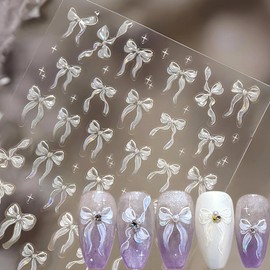 White Bow Nail Stickers Relief Ribbon Bow Nail Stickers Soft Glue Jelly Sheets Nail Stickers Laser Star Bow Knot Nail Stickers Shell Light Bows Nail Stickers Nail Design