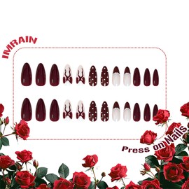 IMRAIN Wine Red Press on Nails Medium Almond Acrylic Fake Nails Glue on Nails Burgundy Bow Artificial False Nails Full Cover Cute Glossy Stick on Nails for Women Girls 24Pcs