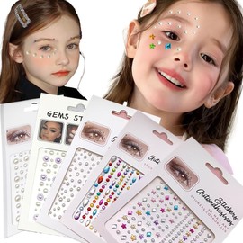 5 Sheets Facial Gemstone Set and Makeup Pearl Set, Gemstone Stickers, Used for DIY Eye and Facial Gemstone Pasting, Colored Acrylic Rhinestone Facial Makeup Tattoo Stickers, Nail Decoration