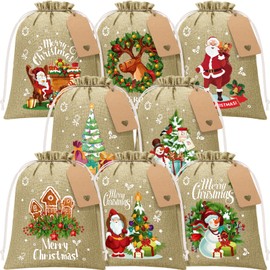 24Pcs Christmas Burlap Gift Bags with Drawstring, 8x10in Christmas Linen Treat Bags w/Tags Goody Gift Bags Medium Jute Xmas Candy Bags Reusable Gift Wrapping Bags Xmas Holiday Party Favors Linen Sack