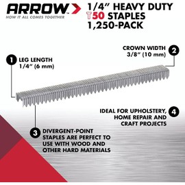 Arrow 504 T50 Heavy Duty Staples, 1/4-Inch Leg Length, 3/8-Inch Crown Width Staples for Upholstery, Construction, Furniture, Crafts, 1250-Pack