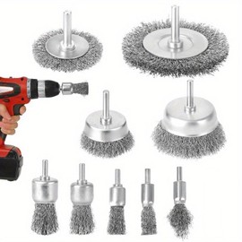 9 Piece Drill Wire Brush Set, 6mm Round Shank, Steel Wire Cup Brushes for Rust and Paint Removal, Woodworking