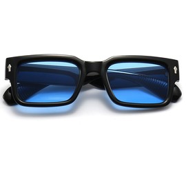 JOVAKIT Black Square Sunglasses for Women Men Simple Trendy Rectangle Thick Frame Style Sun Glasses UV400 Protection (Black/Blue)