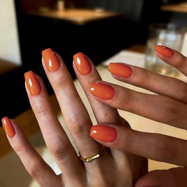 Uñas postizas de gel suaves, cortas, cuadradas, color naranja coral, con cobertura total, acrílicas brillantes, con pegamento, reutilizables, fáciles 