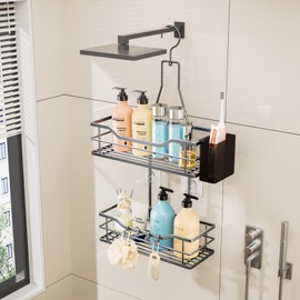 HapiRm Shower Caddy Hanging Organiser - 2 Tier Shower Organiser with 360° Rotatable Top Hook and 4 Hooks, Silver Rustproof Bathroom Caddy for Shampoo, Conditioner, and Bathroom Storage
