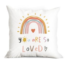You Are So Loved Boho Rainbow Hand Drawing Throw Pillow Cover,18"X18" Decorative Pillowcase Cushion Cover For Sofa Couch Bed,Bohemian Home Girls Room Kids Room Nursery Decor, Gift For Boho Lovers Kids