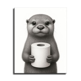 JJT Funny Bathroom Decor Cute Otter Black and White Wall Art (Unframed,8''x10'')
