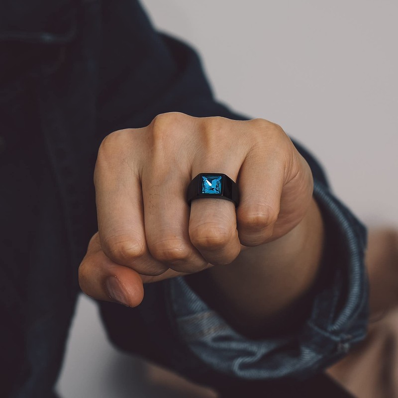 Bandmax Black Band Ring with Cubic Zirconia Square Cut Blue