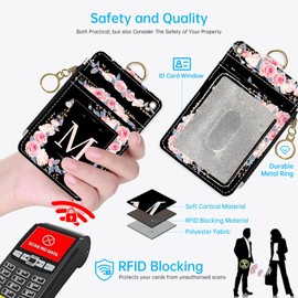 A-Z Letter 2-in-1 ID Badge Holder & Lanyard Wallet for Teachers,Nurse,Professionals-Cute Zippered Coin Pouch,Removable Wristlet & Neck Lanyard,5 Card Slots Stylish Work Essential M