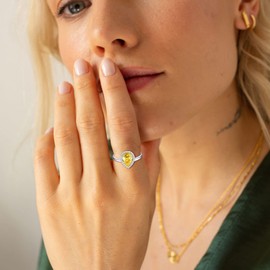 ChicSilver 9mm Pear Cut Teardrop Birthstone Promise Ring for Her, 925 Sterling Silver Simulated Yellow Topaz Citrine Gemstone Engagement Band Wedding Rings for Women November Birthstone Jewelry
