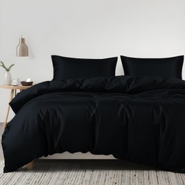 LINENWALAS 100% Eucalyptus Silk Duvet Cover Set, Luxury Tencel Lyocell Cooling Duvet Cover Set, Softer than Egyptian Cotton, Natural Moisture Wicking, Anti-Allergy Quilt Cover (Single, Jet Black)