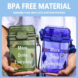 FGVOPJM Kawaii Water Bottle Kids with Stickers,BPA-Free Portable Leakproof Cute Water Bottle with Straw and Strap,Flat Drinking Water Bottles for Girls School Travel (Black)