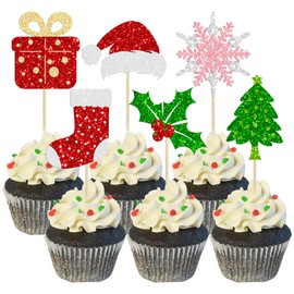 Gyufise 24Pcs Christmas Cupcake Toppers Xmas Santa Claus Tree Sock Hat Snowflake Cupcake Picks for Winter Merry Xmas Theme New Year Holiday Baby Shower Christmas Party Supplies