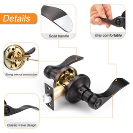 Probrico Wave Style Privacy Door Handles Interior Oil Rubbed Bronze Door Lever Lock Keyless Door Lockset for Bedroom and Bathroom Reversible Door Handle Knob for Left and Right Handed Doors, 3 Pack