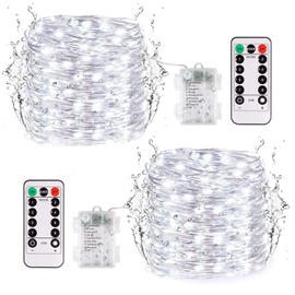 JMEXSUSS 2 Pack White Fairy Lights Battery Operated, 33ft 100 LED Wire Fairy Lights with Remote Timer Outdoor Waterproof, Twinkle String Lights for Bedroom Dorm Christmas Party Wedding Garden Decor