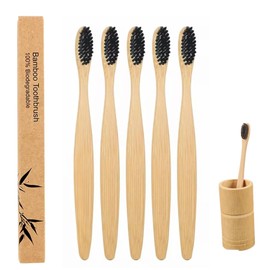 NOVOTEND - 5 Pack Cepillo de dientes de bambu cerdas suaves - Cepillos de dientes Biodegradables y Ecológicos de Bambu - Paquete con 5 piezas de cepillo de dientes de bambo libre de BPA