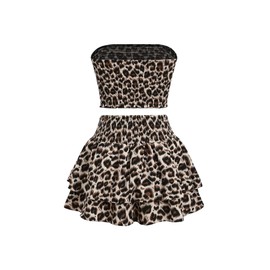 GORGLITTER Women's Two-Piece Set, Leopard Skirt and Off Shoulder Top, Y2K Ruffle Skirt, Party Top, Leisure Suit, Leo Summer Outfit Set, Apricot colours, M