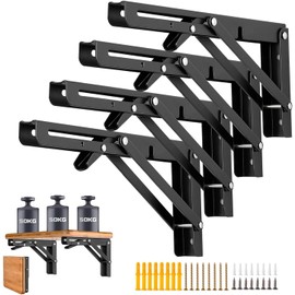 4 Pcs Folding Shelf Brackets, 14 Inch Shelf Brackets Heavy Duty Collapsible Triangle Stainless Steel L Brackets for Wood Shelves, Max. Load 450 lb, DIY Wall Mounted Space Saving for Bench Table, Black