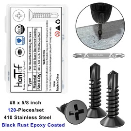 HanTof 120Pcs Self Tapping Screws for Metal, 410 Stainless Steel, Black Coating, #8 x 5/8" Phillips Drive Flat Head Self Drilling Screws, Countersunk Sheet Metal Screws, Deck Screws Kit with 1 Bits