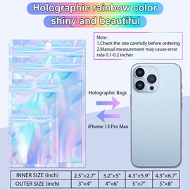 100 Pack Holographic Bags, 3'' x 4‘’ Small Bags for Small Business, Resealable Smell Proof Bags, Rainbow Color Mylar Packing Bags, Holographic Ziplock Bags for Food Storage, Candy & Jewelry Packaging