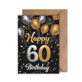 WBdesignz 60th Birthday Card with Envelope - Elegant Birthday Card 60 Years Happy Birthday Black Gold Balloons 60th Birthday (A6)