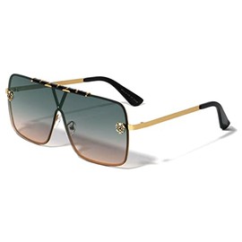 Dweebzilla Semi Rimless Square One Piece Shield Lens Luxury Aviator Sunglasses (Black & Gold Frame, Green Gradient Lens)