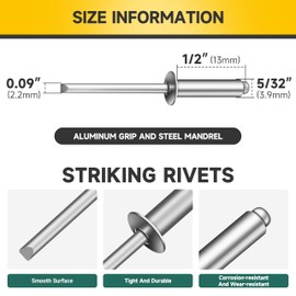 Mywish (350Pcs) 5/32" x 1/2" Blind Pop Rivets Aluminum Grip and Steel Mandrel Blind Rivets, Open End 5/32 Rivets for Metal