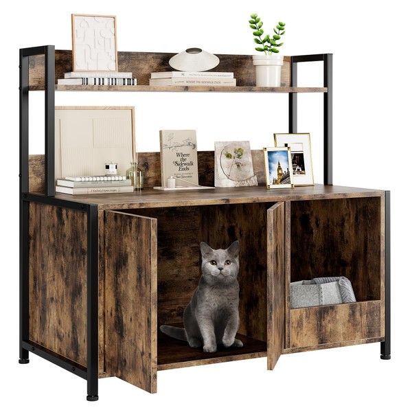 Cat Litter Box Enclosure with Shelves Storage, 2-in-1 Hidden Litter
