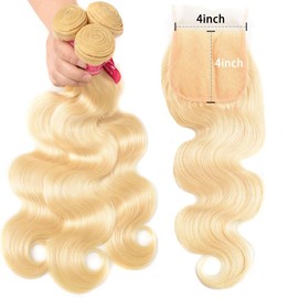 Blonde Human Hair Bundles with Closure 100% Unprocessed 613 Body Wave 3 Bundles with 4X4 Transparent Swiss Free Part Lace Closure