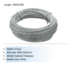 MECCANIXITY AWG 24 K-Type 2x0.3 Thermocouple Wire Braided Fiberglass Insulation Up to 480°C/896°F 33 Ft for Thermocouple Probe Temperature Sensor