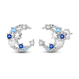 Hapour Moon Star Stud 925 Sterling Silver Earrings with Cubic Zirconia and Pearl Crescent Hypoallergenic Jewelry Gift for Women Teens
