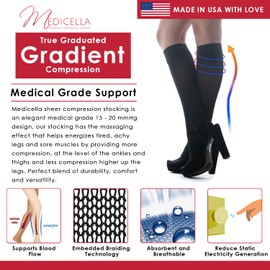 Medicella Premier - Calcetines de compresión para mujer (punta cerrada, 15-20 mmHg, fabricados en Estados Unidos, calidad médica, transparente, moderada, apoyo de presión y circulación de viajes (XL, negro)