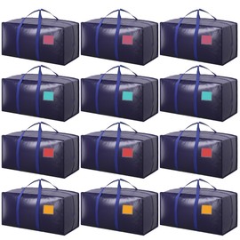 12 Pack Extra Large Heavy Duty Moving Bags with Reinforced Zipper & Wide Handles, Moisture-Resistant Storage Bins Packing Cubes for Clothes, College Dorm, Travel, and Home Organization, DarkBlue