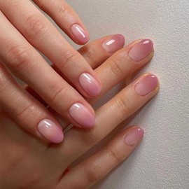 KQueenest Ombré Rosa Nude Press On Nails Kurz, Acryl Nägel zum Aufkleben Kurz Runde, Französisch Fake Nails Mandel Fingernägel Glänzende Gel Kunstnägel für Frauen Alltagstauglich 24 Stück