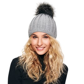 ELIMELI® Cashmere Hat, Women's Warm Winter Knitted Hat, Wool Hat with Cashmere, Winter Hat with Faux Fur, Women’s Bobble Slouch Knitted Beanie, for Winter Bobble Hat, Made in the EU, gray
