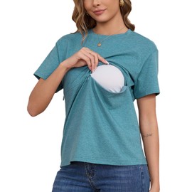 Ecavus Women's Zip Nursing Tops Short Sleeve Breastfeeding Shirts Comfortable Loose-Fit Mama Clothes Heather Blue