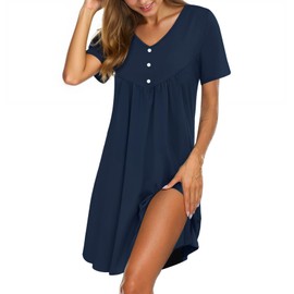 Crewhpo Women's Nightdress Short Sleeve Nightgown V Neck Nightshirt Comfy Nighties Cotton Sleepwear Loungewear Navy Blue