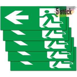 Emergency Exit Sign, Pack of 5, Premium Stickers, 24 cm x 9 cm, Escape Route, Safety Marking (Arrow ←)