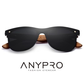 ANYPRO Wooden Sunglasses Men's Polarised Sunglasses Women's Vintage Oversized Sun Glasses with Wooden Temples and UV Protection, black