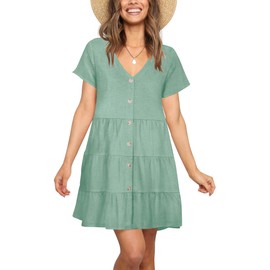 Nova In Sky Petite Women's Casual Dresses V Neck Button Down Swing Short Mini Dress Cute Summer Sundress with Sleeves Sage M