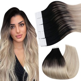 Ugeat Tape in Human Hair Extensions 35 cm Hair Extensions Tape in #1B/18/60 Off Black to Ash Blonde with Platinum Blonde Balayage Hair Extensions Tape in 50G Human Hair Extensions Tape 20 Pieces